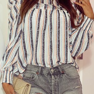 STRIPED SHIRRED ROUND NECK SHEATH CASUAL BOHO BLOUSE